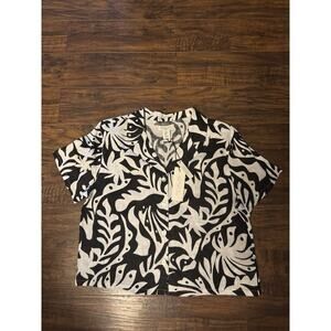 Rachel Zoe Womens Linen Top Black White Tropical Button Up Shirt Sz:m